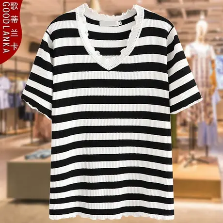 加肥加大码短袖T恤女宽松200斤洋气时尚中年妈妈夏季V领条纹上衣商品大图