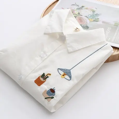 2021春装新款文艺小清新刺绣白色衬衣女设计感学院风纯棉衬衫上衣商品大图