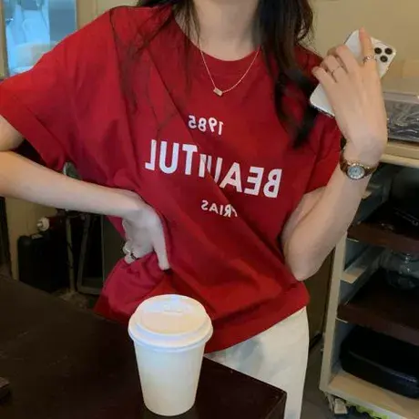 短袖t恤女2023年夏季新款韩版ins潮宽松休闲显瘦百搭圆领半袖上衣商品大图