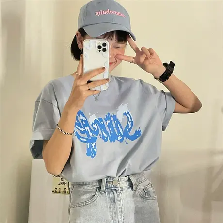 红续2023早春新款原创字母纯棉宽松百搭ins潮短袖T恤女上衣小个子图片