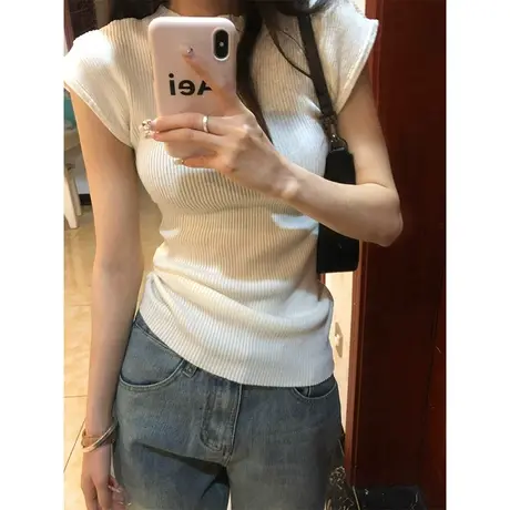 白色正肩短袖女夏季2023新款针织t恤衫修身显瘦韩系ins潮打底上衣商品大图