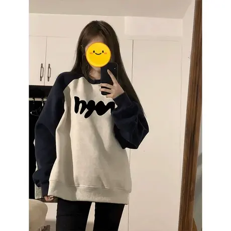 插肩袖圆领卫衣女春秋薄款宽松小众设计感美式复古慵懒风套头上衣商品大图