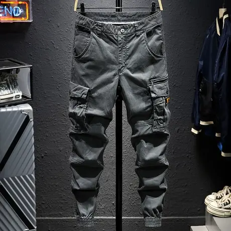 2021潮牌休闲裤男秋季弹力修身束脚裤韩版潮流工装裤春秋款多口袋商品大图