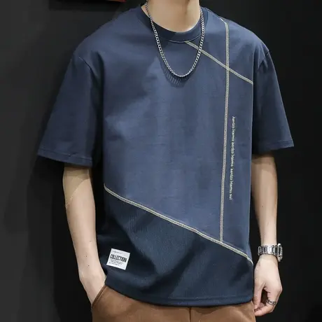 撞色拼接短袖t恤男潮牌宽松大码夏季2023新款男士半袖体恤男款棉商品大图