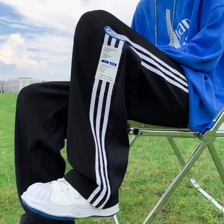 美式高街裤子男春季ins宽松直筒三条杠阔腿裤潮牌嘻哈运动休闲裤商品大图