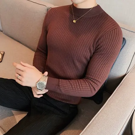 半高领咖色针织衫男外套春秋冬2023年修身内搭坑条套头低领毛衣潮图片