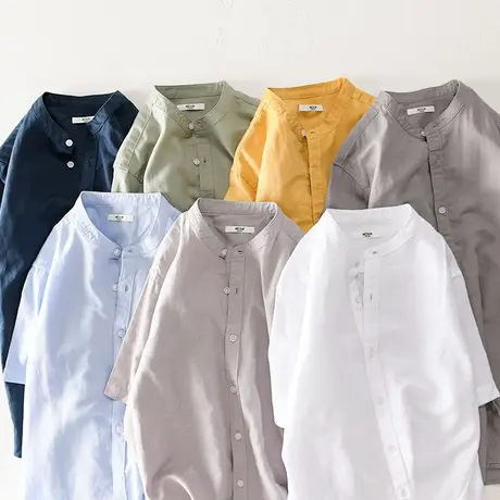 日系复古立领棉麻短袖衬衫男夏季薄款透气亚麻纯色百搭白色衬衣商品大图