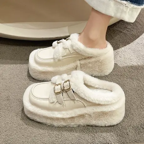 毛毛拖鞋女外穿厚底小个子增高棉鞋2023秋季新款小香风包头半拖鞋商品大图