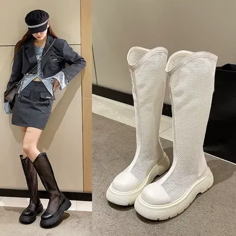小香风长筒靴女2023新款夏季缕空网面透气网纱凉靴子后拉链英伦风图片