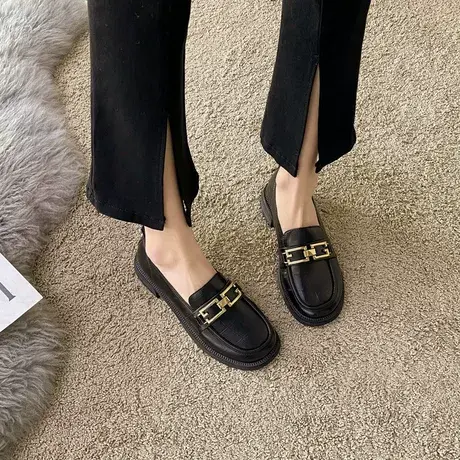 英伦风小皮鞋女2023年春新款平底单鞋女设计感小众复古豆豆乐福鞋图片