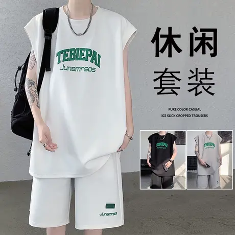 无袖背心t恤套装男夏季薄款坎肩篮球休闲运动短袖短裤搭配一套装商品大图