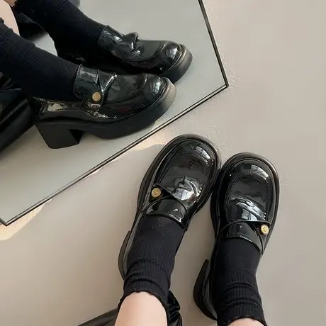 复古百搭乐福鞋女2024春秋季新款一脚蹬粗跟单鞋英伦风黑色小皮鞋商品大图