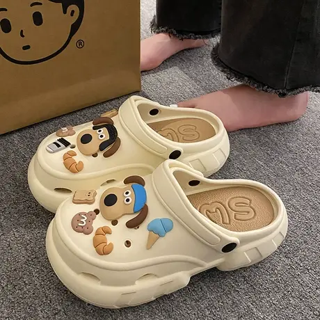 卡通小狗洞洞鞋女夏季可爱外穿厚底增高防滑凉鞋沙滩两穿包头拖鞋图片