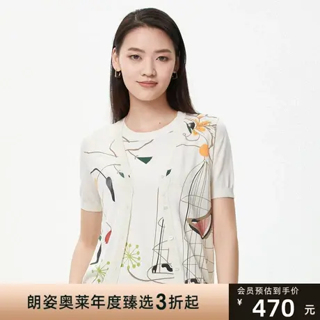 朗姿夏季新款植物印花V领通勤风针织开衫毛针织衫图片
