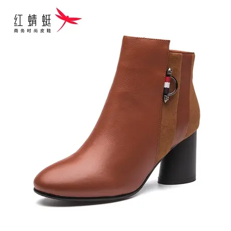 红蜻蜓女鞋女靴牛皮粗跟短靴尖头春秋冬季加绒高跟舒适透气时尚鞋图片