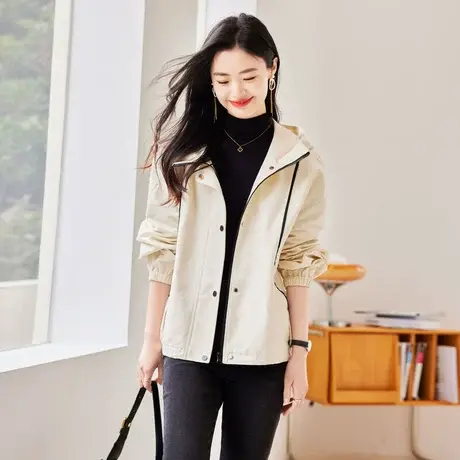 时尚休闲连帽风衣外套2022年秋季新款女士气质温柔简约宽松上衣图片