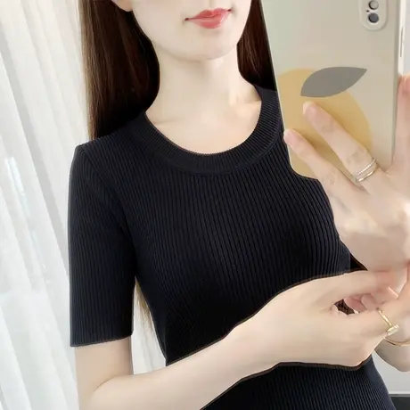 黑色打底衫女秋季2023年新款纯色短袖上衣短款内搭修身薄款针织衫图片