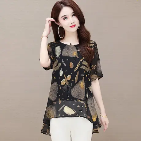 雪纺衫女短袖夏季2023新款宽松大码t恤漂亮减龄妈妈夏装碎花上衣商品大图