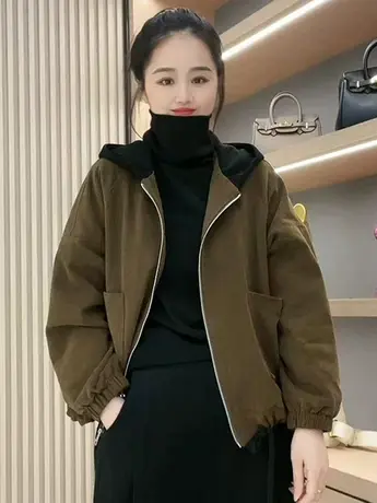 秋冬新款夹克衫时尚宽松显瘦连帽休闲上衣涂鸦印花加绒加厚短外套商品大图