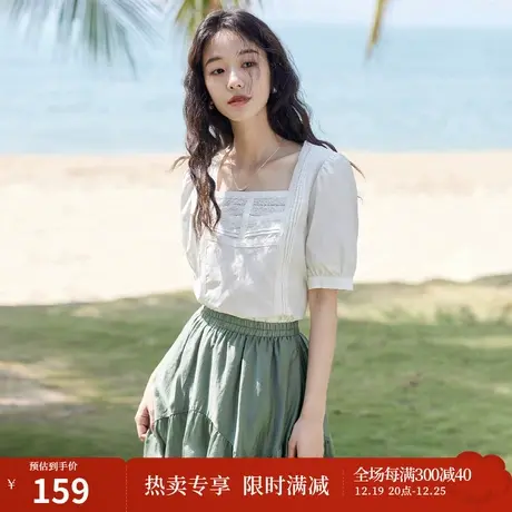 茵曼法式文艺衬衣2023夏女装新款纯棉花边方领修身显瘦泡泡袖衬衫商品大图