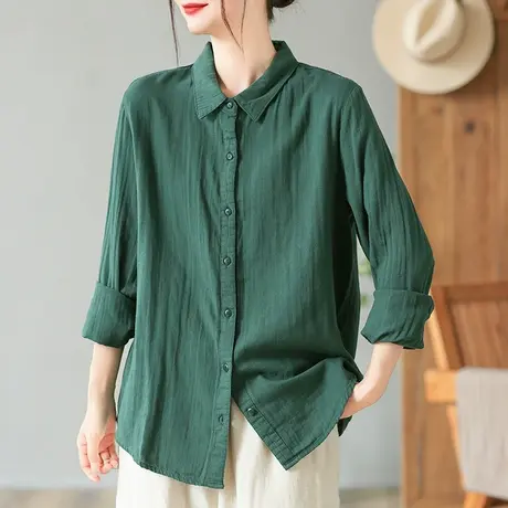 dza 复古纯色全棉长袖衬衣女春秋宽松polo领上衣休闲百搭女装衬衫图片