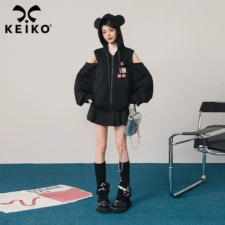 KEIKO 街头甜酷风两穿露肩卫衣外套女2023秋季设计感潮牌连帽开衫商品大图