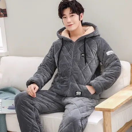 猫人2023新款冬季珊瑚绒睡衣男加绒加厚三层夹棉保暖冬季家居服图片