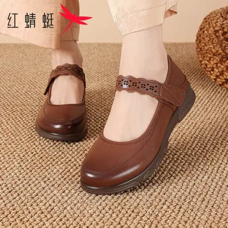 红蜻蜓真皮妈妈鞋软皮软底中老年魔术贴单鞋平底女鞋舒适老人皮鞋商品大图