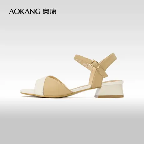 奥康女鞋 夏季新款方跟一字带仙女风露趾后空单鞋时尚凉鞋图片