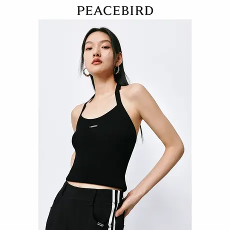 太平鸟黑色简约挂脖字母线背心女夏装时尚高级针织上衣女图片