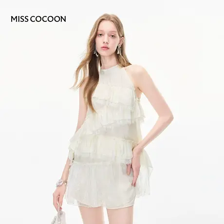 MISSCOCOON可可尼白色荷叶边上衣2025夏季新款挂脖蕾丝衫送安全裤图片