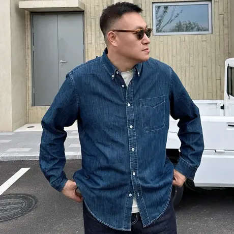 大依无忧春秋款大码牛仔衬衫男美式复古胖子加肥加大长袖牛仔衬衣商品大图