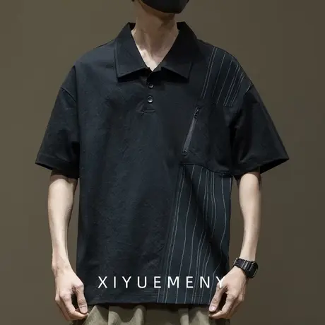 亚麻褶皱感薄款条纹短袖polo衫男2025夏季新款宽松大码半袖体恤衫商品大图