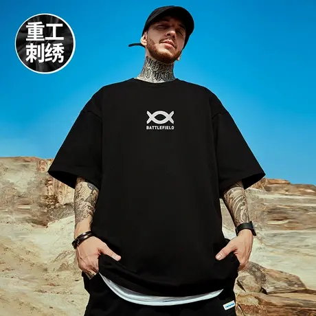 刺绣男式短袖高端重磅加肥加大码男装纯棉男士ins夏季胖子t恤上衣商品大图