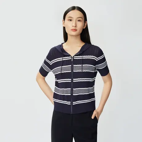 LANCY/悦朗姿夏季连帽撞色针织衫女条纹短袖开衫短外套图片