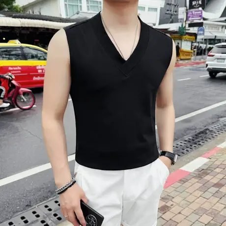 2025新款夏季潮牌V领无袖背心纯色时尚百搭休闲无袖T恤轻熟风上衣商品大图
