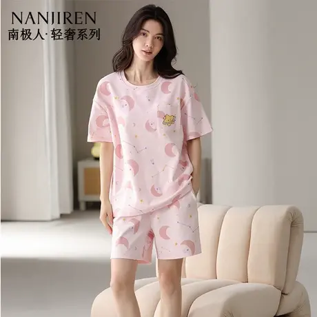 南极人100%纯棉睡衣女夏季薄款卡通可爱家居服短袖短裤可外穿套装商品大图