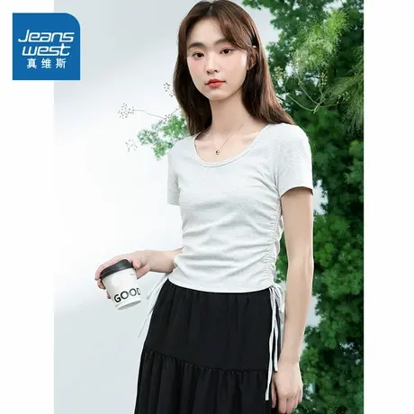 KMV真维斯白色短袖t恤女2025新款夏季短款U领抽绳设计感内搭上衣商品大图