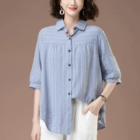条纹短袖衬衫女春夏新款加肥加大码宽松中年妈妈休闲棉麻半袖衬衣商品大图