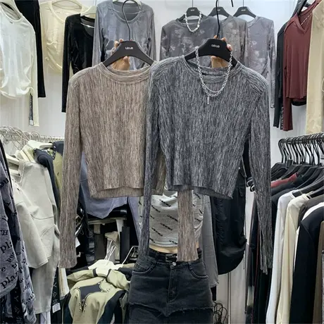 简约垫肩高级感短款褶料T恤女2023秋韩版圆领时髦百搭显瘦气质t潮图片