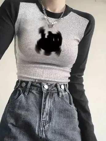 美式灰色插肩长袖t恤女春秋季修身打底衫ins潮牌复古辣妹别致上衣商品大图