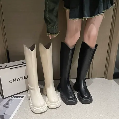 长筒靴女2023年春秋季新款小个子显瘦高筒靴粗跟高跟英伦风骑士靴商品大图