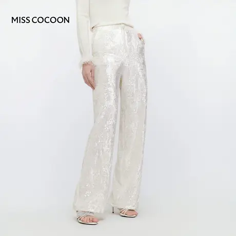 MISSCOCOON可可尼白色直筒长裤女2025秋季新款显瘦亮片丝绒阔腿裤商品大图