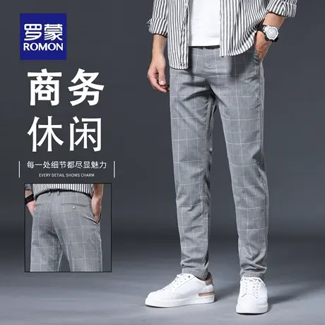 罗蒙高端休闲裤男士2025新款修身直筒秋季商务黑色格子小西裤N1Z商品大图