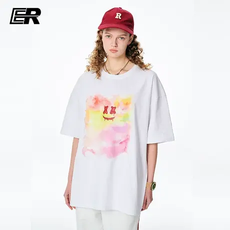 ER笑脸水彩画短袖T恤男夏季ins潮牌宽松薄款五分袖情侣装半袖上衣商品大图