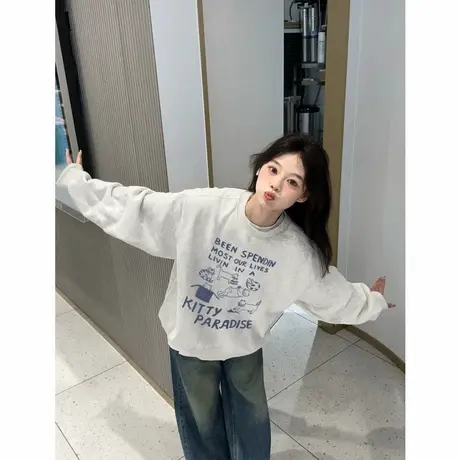 2025早秋小个子韩版穿搭灰色卫衣女新款加绒圆领无帽宽松套头上衣商品大图