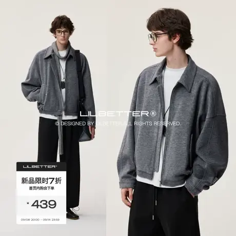 Lilbetter复古慵懒绒感毛呢翻领夹克2025秋落肩半松紧下摆外套男商品大图
