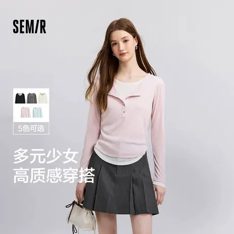 森马长袖T恤女短款紧身显瘦简约2025春新款假两件撞色打底衫气质商品大图