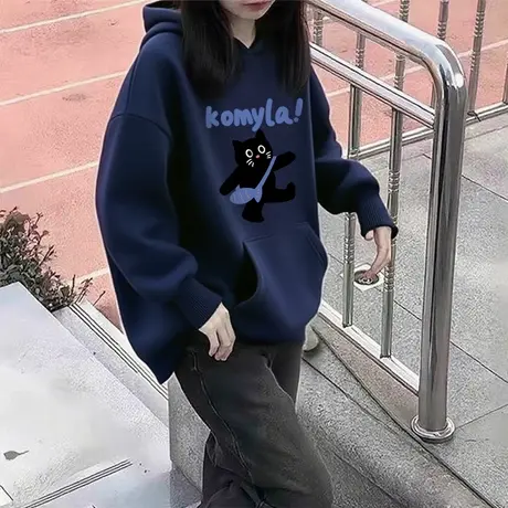 大码美式藏蓝色连帽卫衣女款2025新款爆款秋冬季加绒加厚宽松上衣商品大图