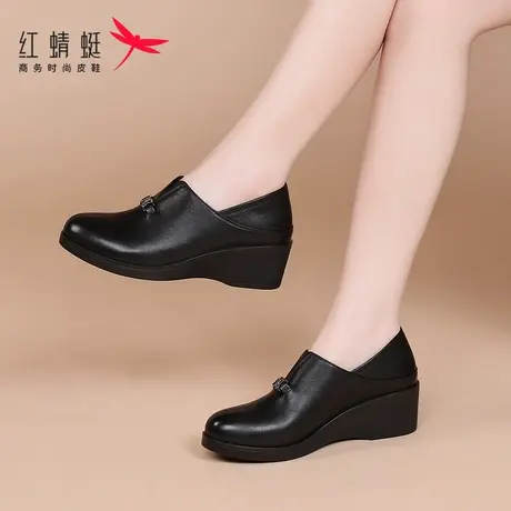 红蜻蜓女鞋夏季鞋子女士坡跟厚底休闲皮鞋女款单鞋真皮妈妈小皮鞋商品大图